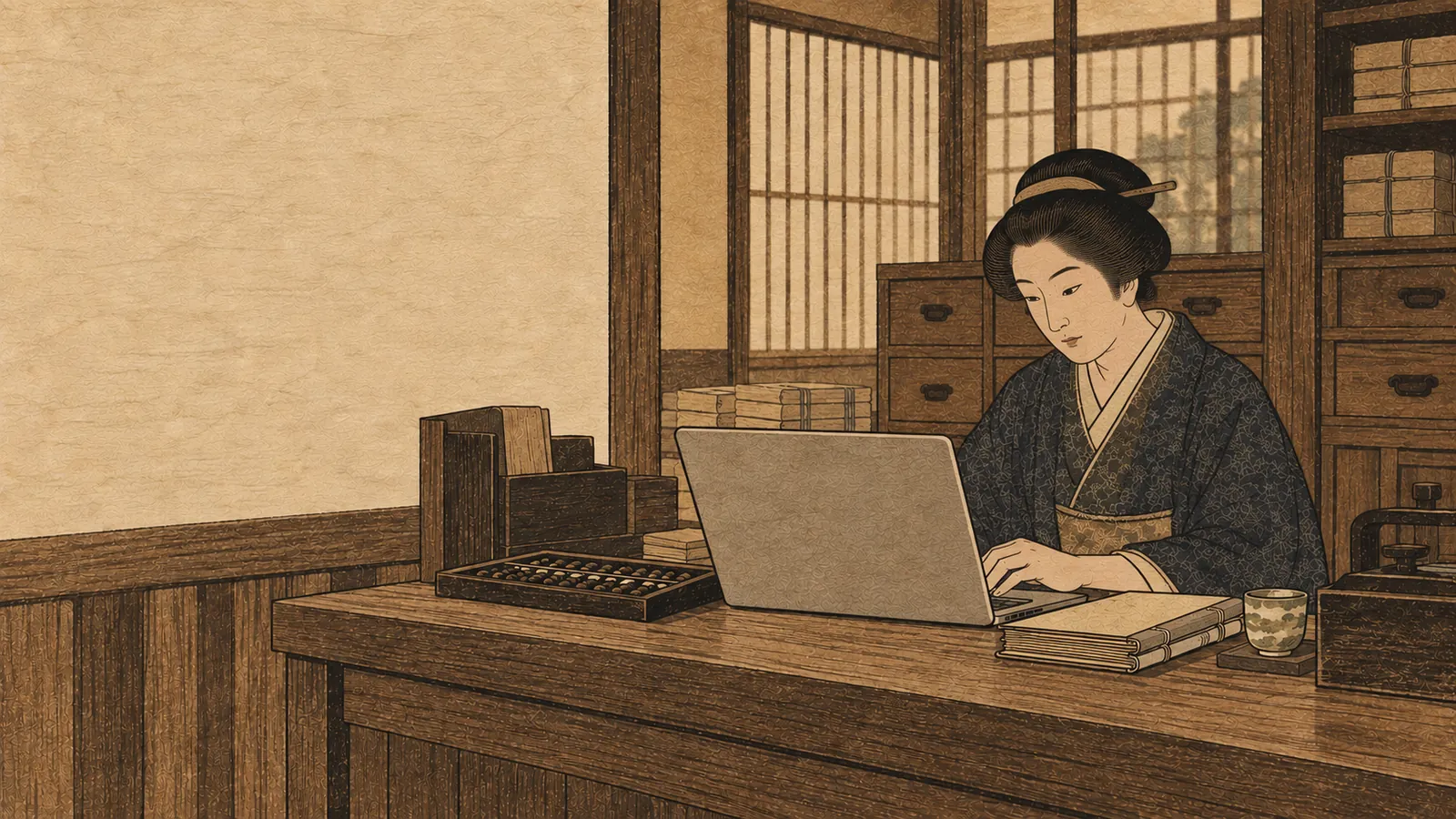 商家の帳場で、そろばんの横のノートパソコンを操作する女将の浮世絵風イラスト