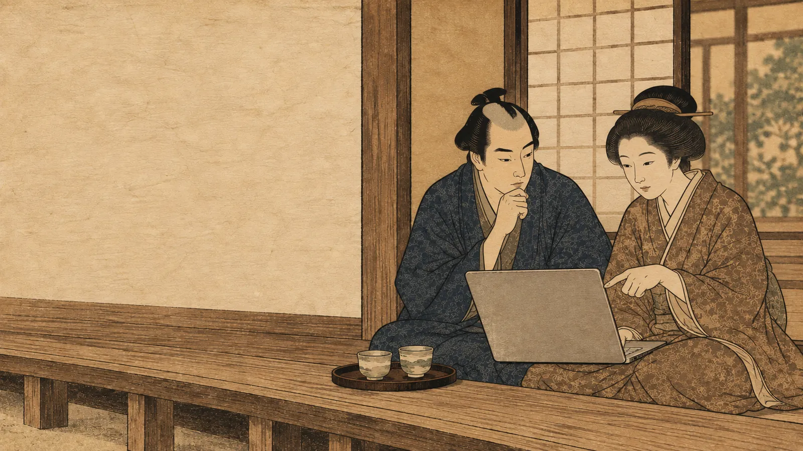 縁側で、女性がノートパソコンを指さしながら男性に説明している浮世絵風イラスト