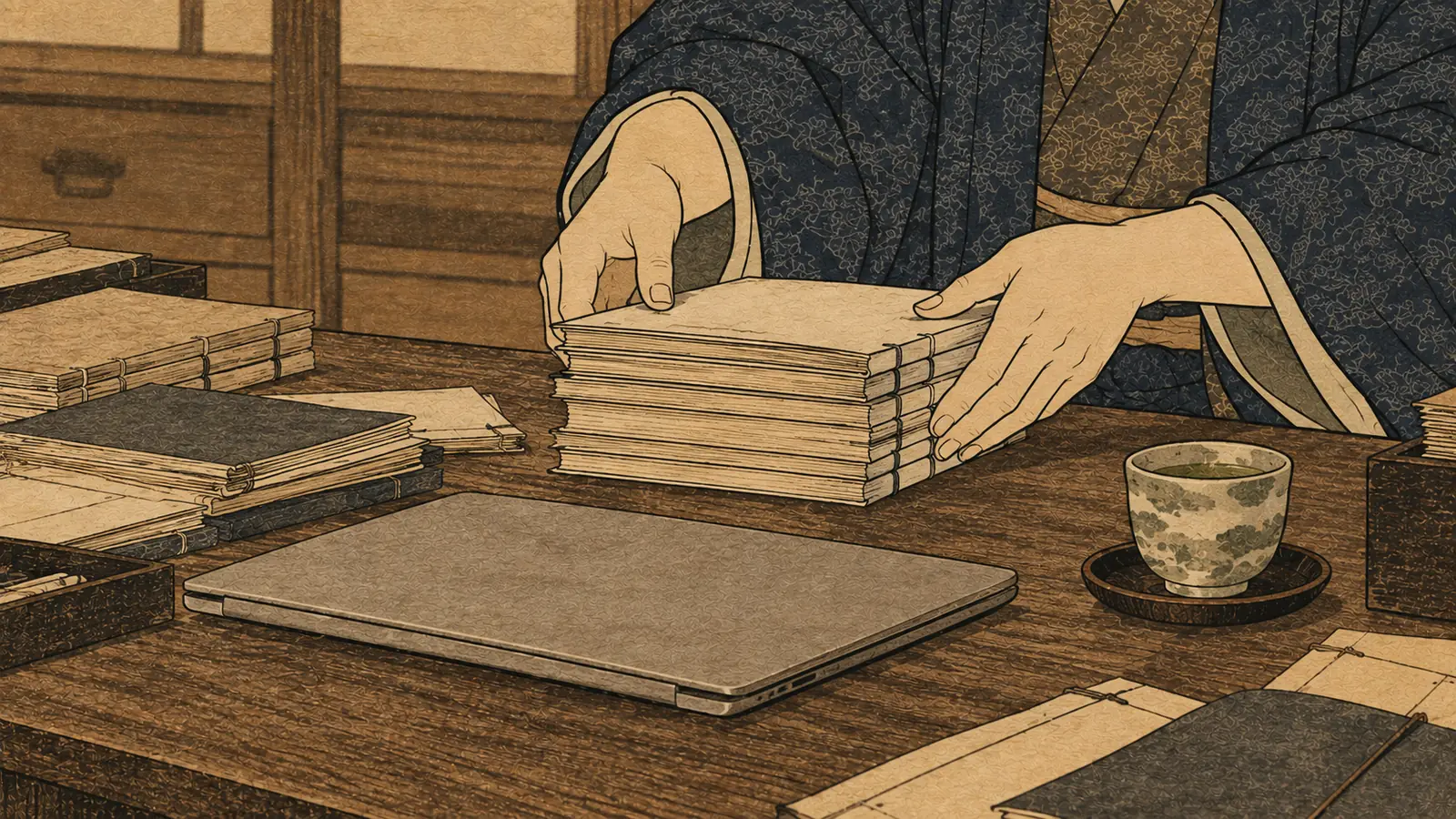 机の上で帳面の束をきれいにそろえる手元の浮世絵風イラスト